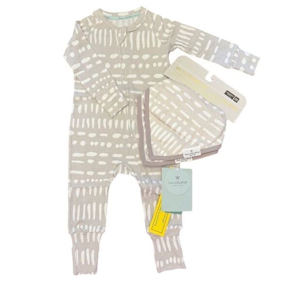 NWT Loulou Lollipop Sleeper and Bib Set Gray Mudcloth Neutral Size 6-12 Months